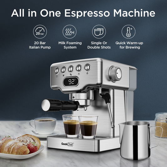 Geek Chef Espresso Machine, 20 Bar Espresso Machine With Milk Frother For Latte, Cappuccino, Macchiato, For Home Espresso Maker, 1.8L Water Tank, Stainless Steel